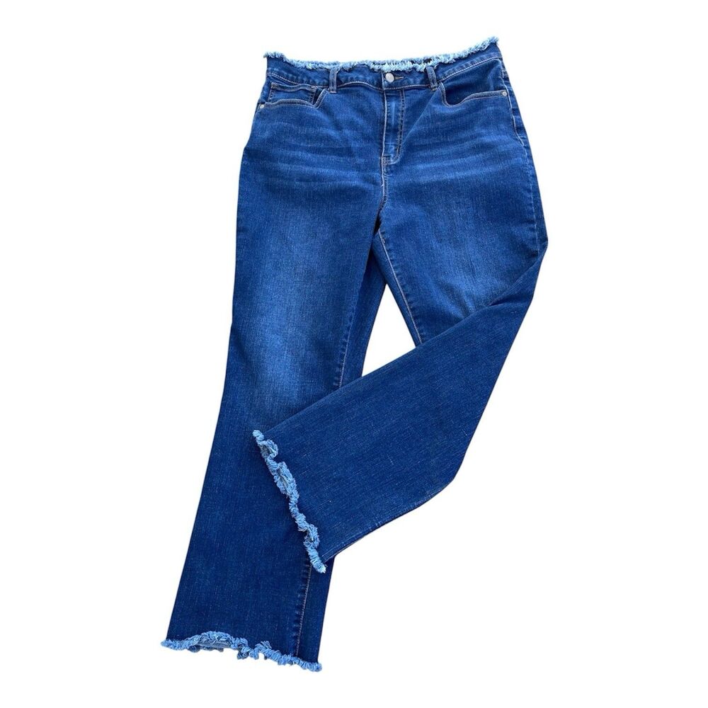 Versona Modern Jeans Size 14 Blue Denim Frayed Raw Hem & Waist Crop Kick Flare - Picture 2 of 7